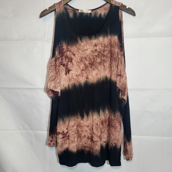 HEART AND HIPS Brown/Black Tie Dye, Cold Shoulder 3/4 Sleeve Top - Picture 1 of 8